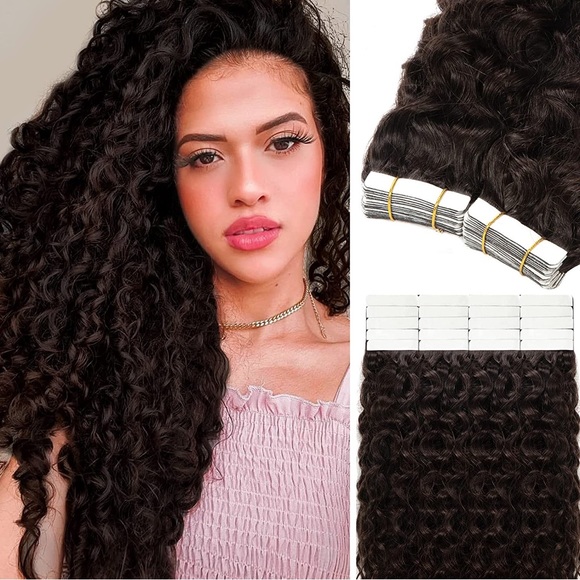 Caliee Hair Human Hair Darkest Brown Curly Tape In Extensions 8in 5g Poshmark